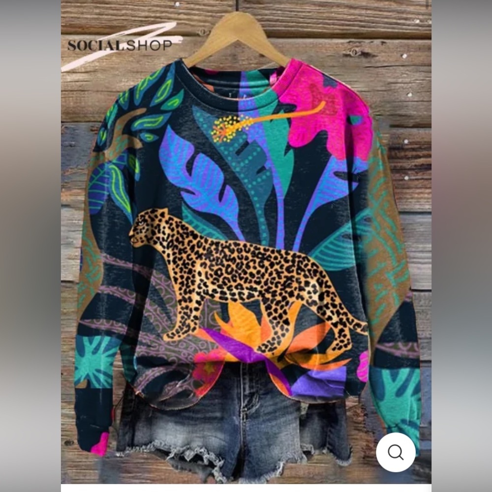 Women's Animal Leopard Floral Print Long Sleeve Crewneck 🐆